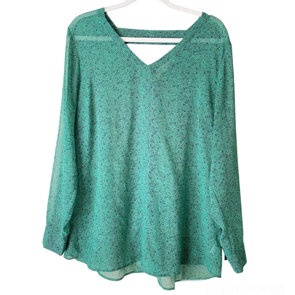 Cabi | Bountiful Blouse Chiffon Floral Long Sleeves V-neck Green Navy XL